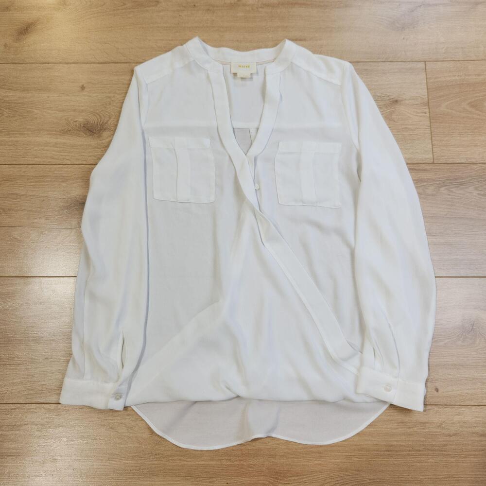 Maeve Blouse Womens 0 White Long Sleeve V Neck Popover Tunic Top Sheer